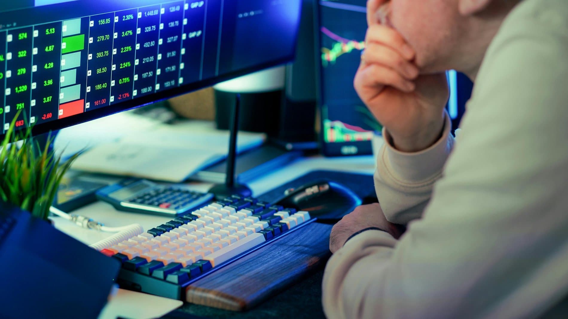 Financial data screens in an office